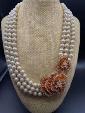 Elegant JCrew Pearl Necklace and bracelet with Orange Crystal Floral Accents